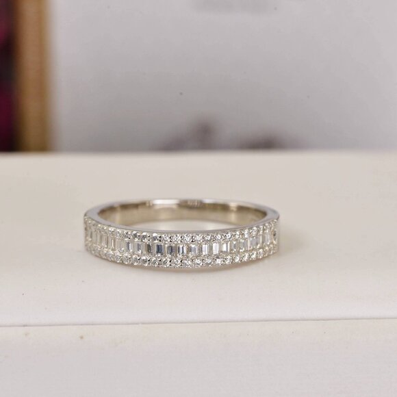 Certified Moissanite Diamond Baguette Cut Half Eternity Wedding Band Ring - Picture 2 of 3
